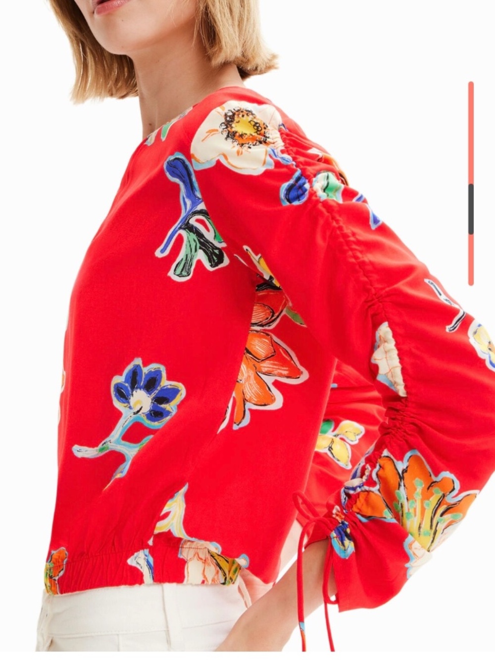 Desigual Red Short Gathered Floral Blouse featuring an artistic Size XL
